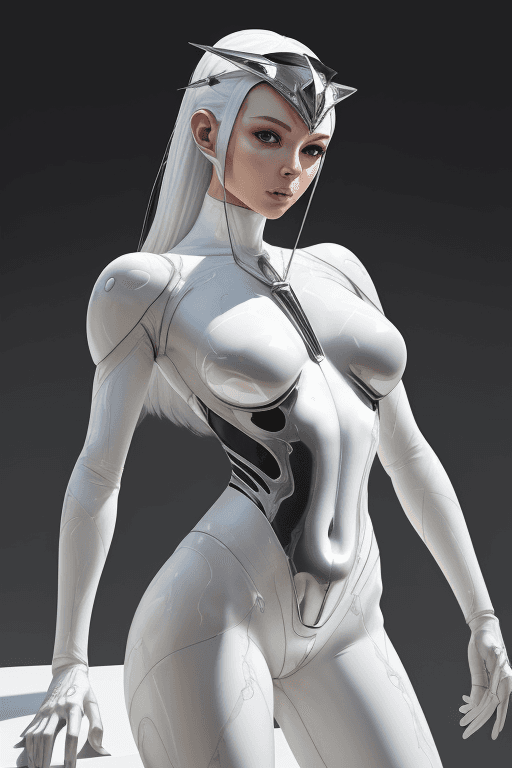 AI generated: a woman with a CHROME body and a SILVER headpiece on her head and a white bodysuit on her chest,Artg...