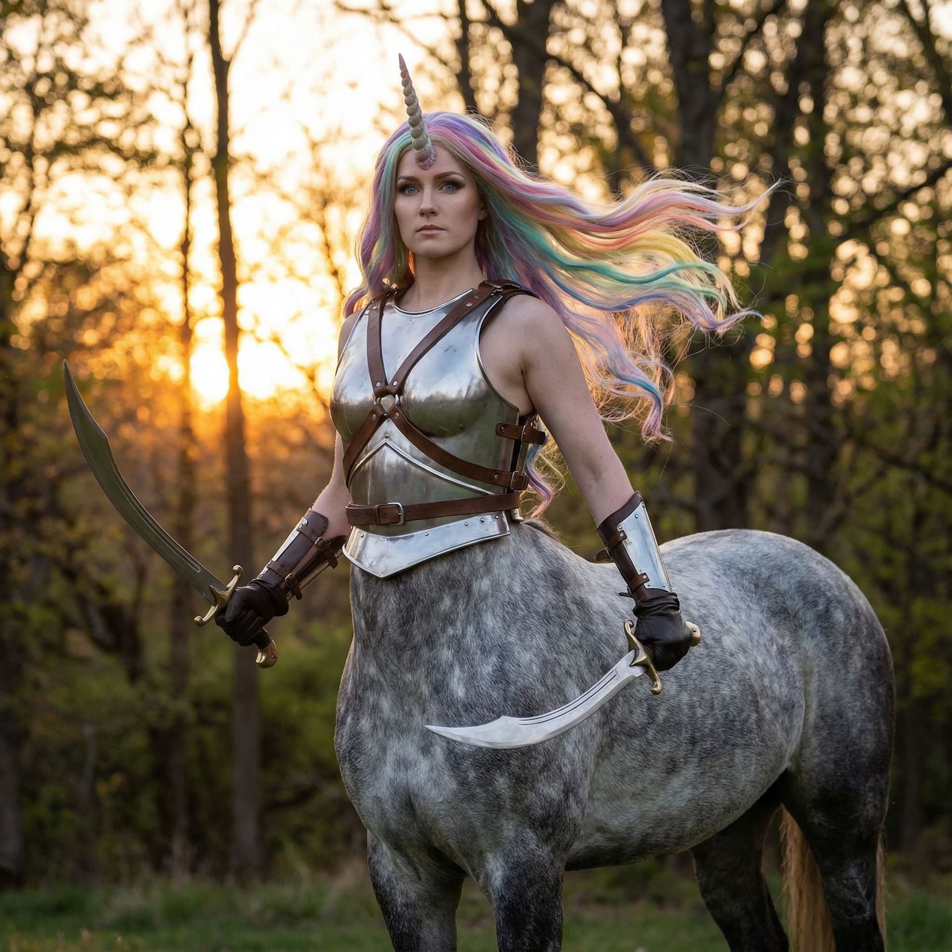 AI generated: female centaur warrior with rainbow colored hair and a single unicorn horn, holding two scimitars, w...