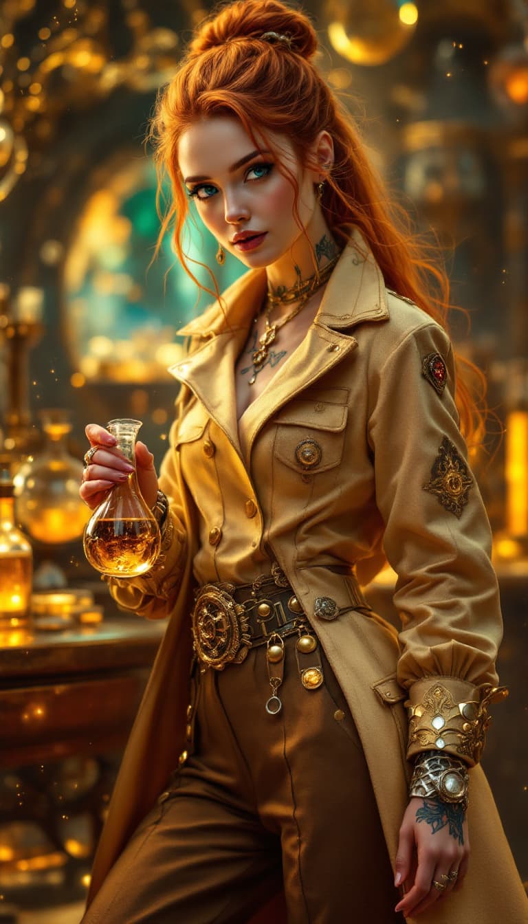 AI generated: An ultra-realistic, full-body action shot of a mesmerizing golden alchemist, exuding intelligence an...