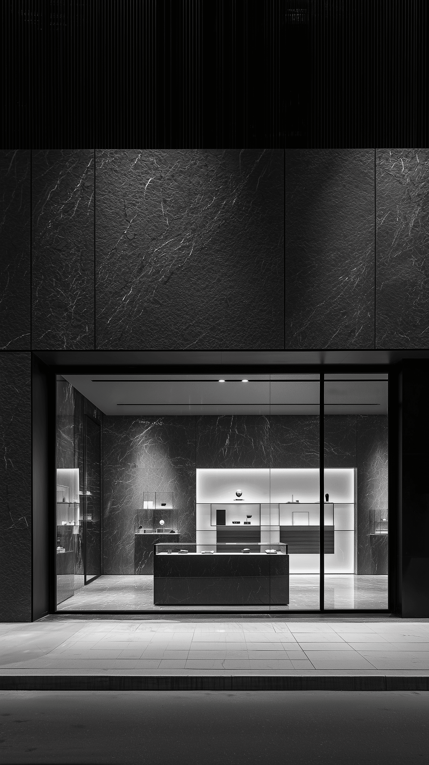 AI generated: photography, central camera composition, minimalist store facade, at night, the facade feature clean...