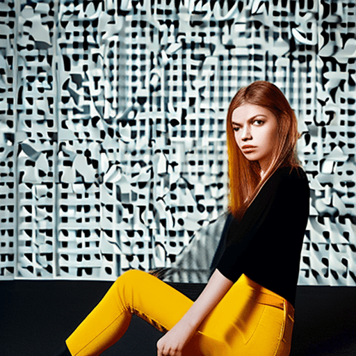 AI generated: The image features a woman wearing a black shirt and yellow pants, standing in a room for fashion ma...