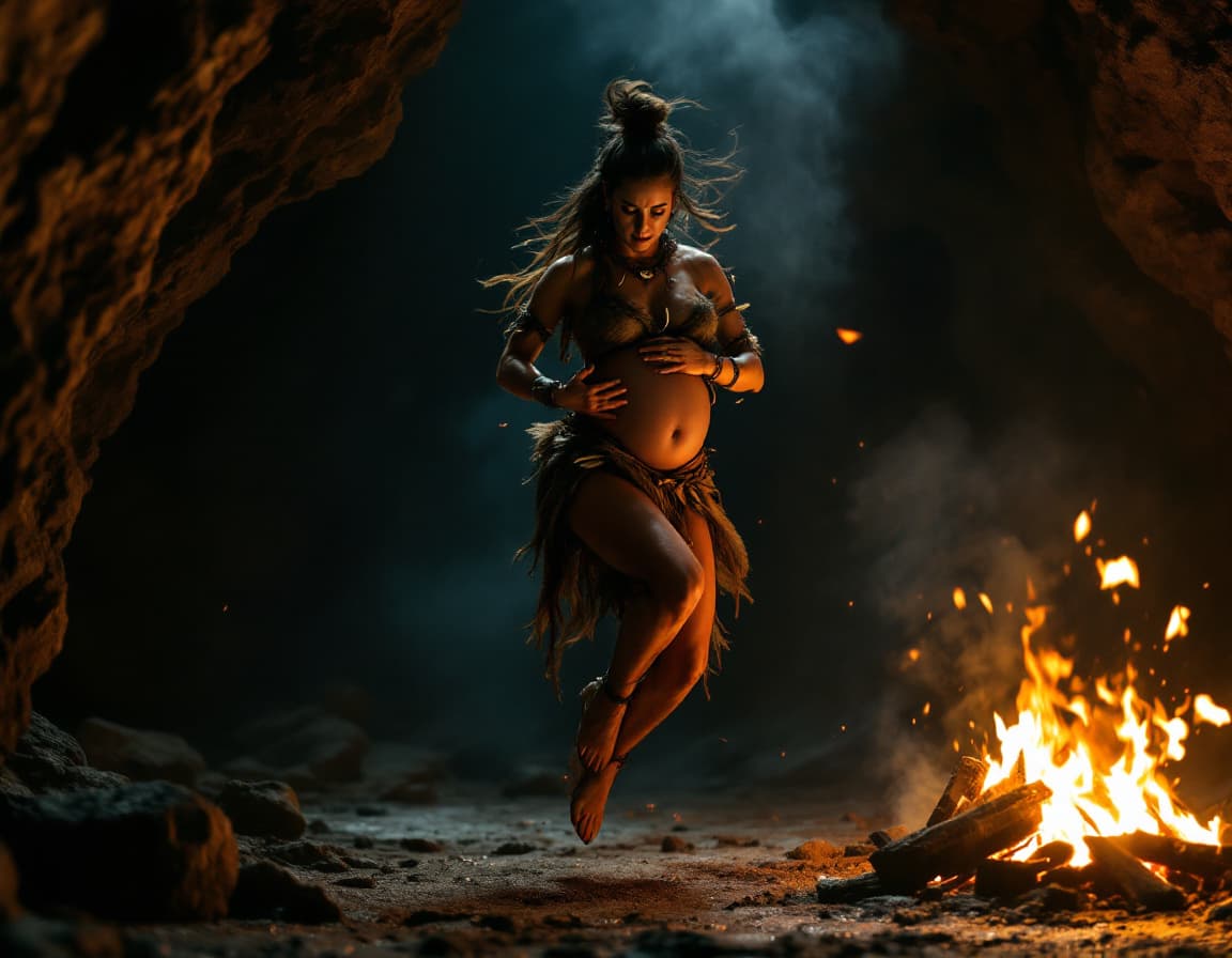 AI generated: In a dark rock cave, a woman jumps rhythmically in place to intense tribal drum music, performing a ...