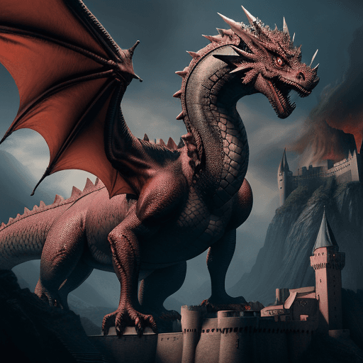 AI generated: Balerion dragon with castle :: Game of thrones, George R.R. Martin, ultra-wide shot, photorealistic,...