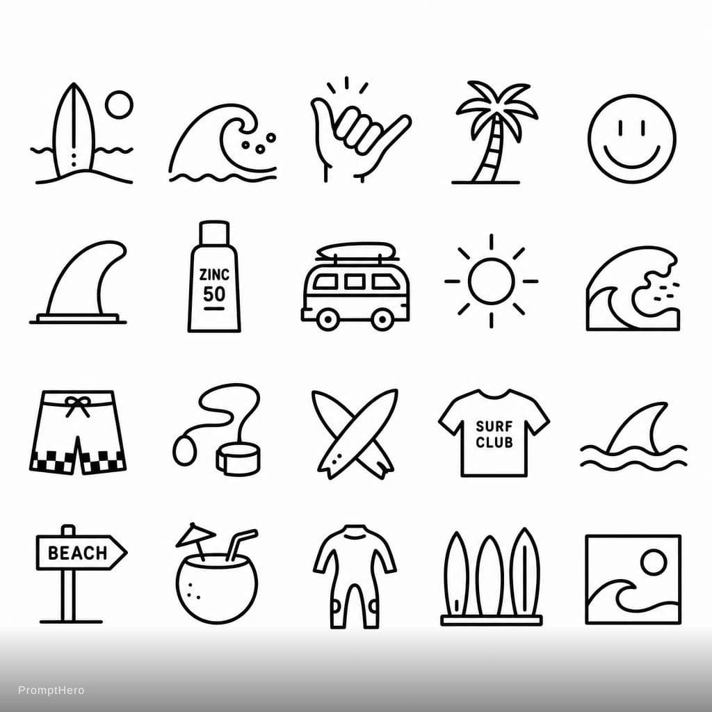 AI generated: black outline minimalist yet playful surf-themed icon pack for in a neo-brutalist website design