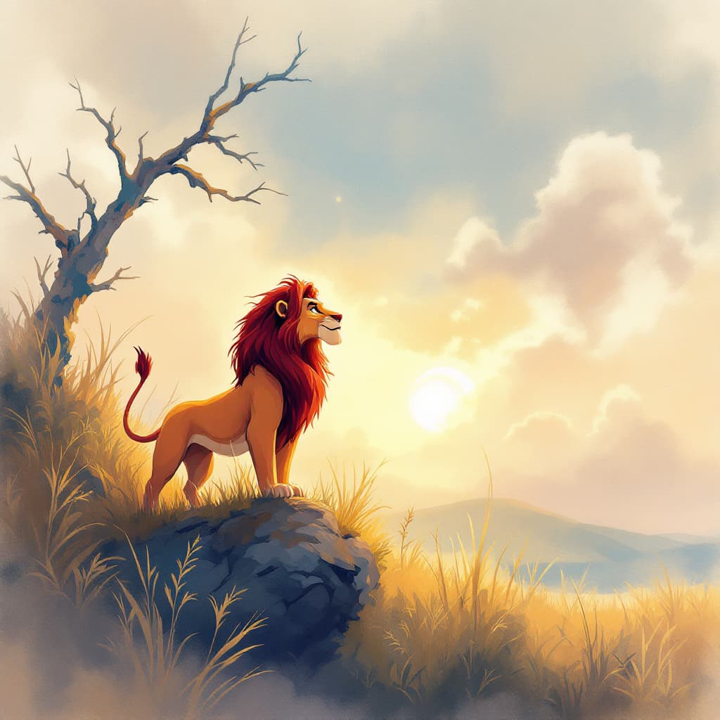 AI generated: a lion king in watercolor-like style reminiscent of Studio Ghibli films