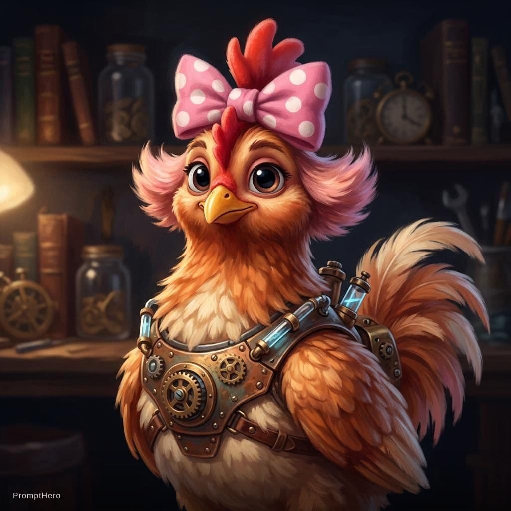 AI generated: Painterly whimsical Pixar-style Cock/ Chicken/Rooster character with oversized pink-tinted ears and ...