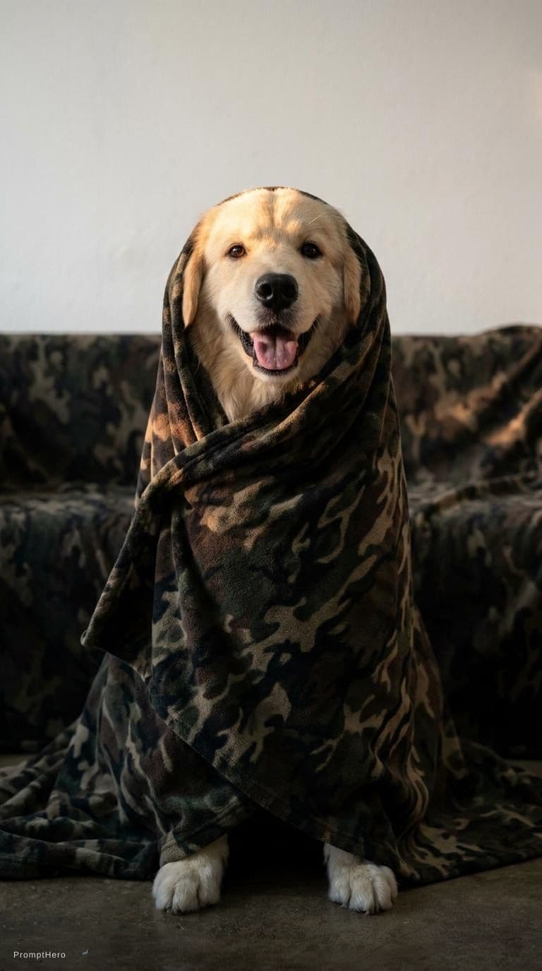 AI generated: productive photography, front view, minimalist photo studio setting, camouflage pattern blanket, pla...