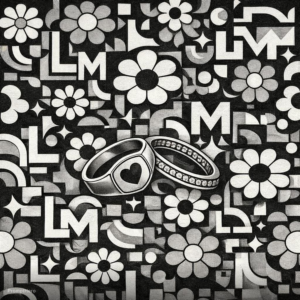 AI generated: Make a black and white version of this design. Integrate two wedding rings in the same style. one ri...