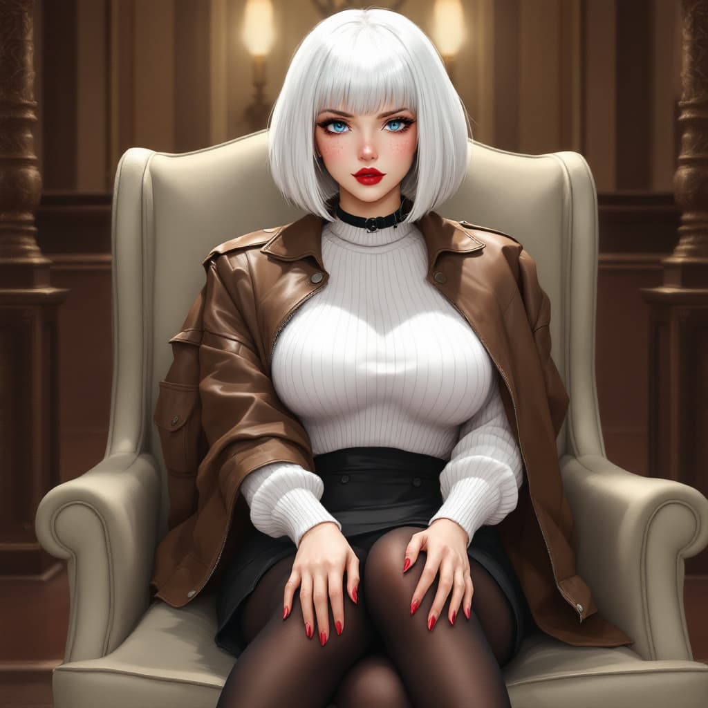 AI generated: anime, woman, white hair, bob cut, blue eyes, freckles, red lips, closed lips, white sweater, tight ...