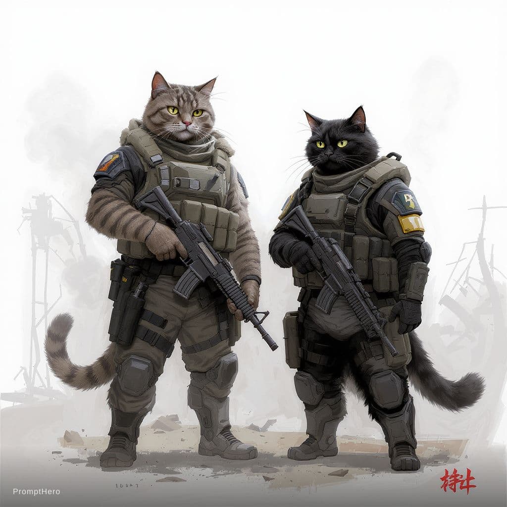 AI generated: um gato humanoiude do lado de outro gato humanoide com uma arma na mão em um cenario de guerra