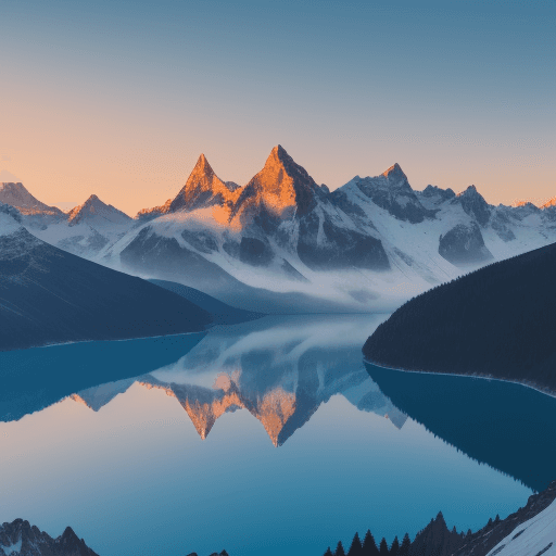 AI generated: une vue splendide d'une montagne avec un lac en bas, le tout etincellant avec le coucher du soleil

