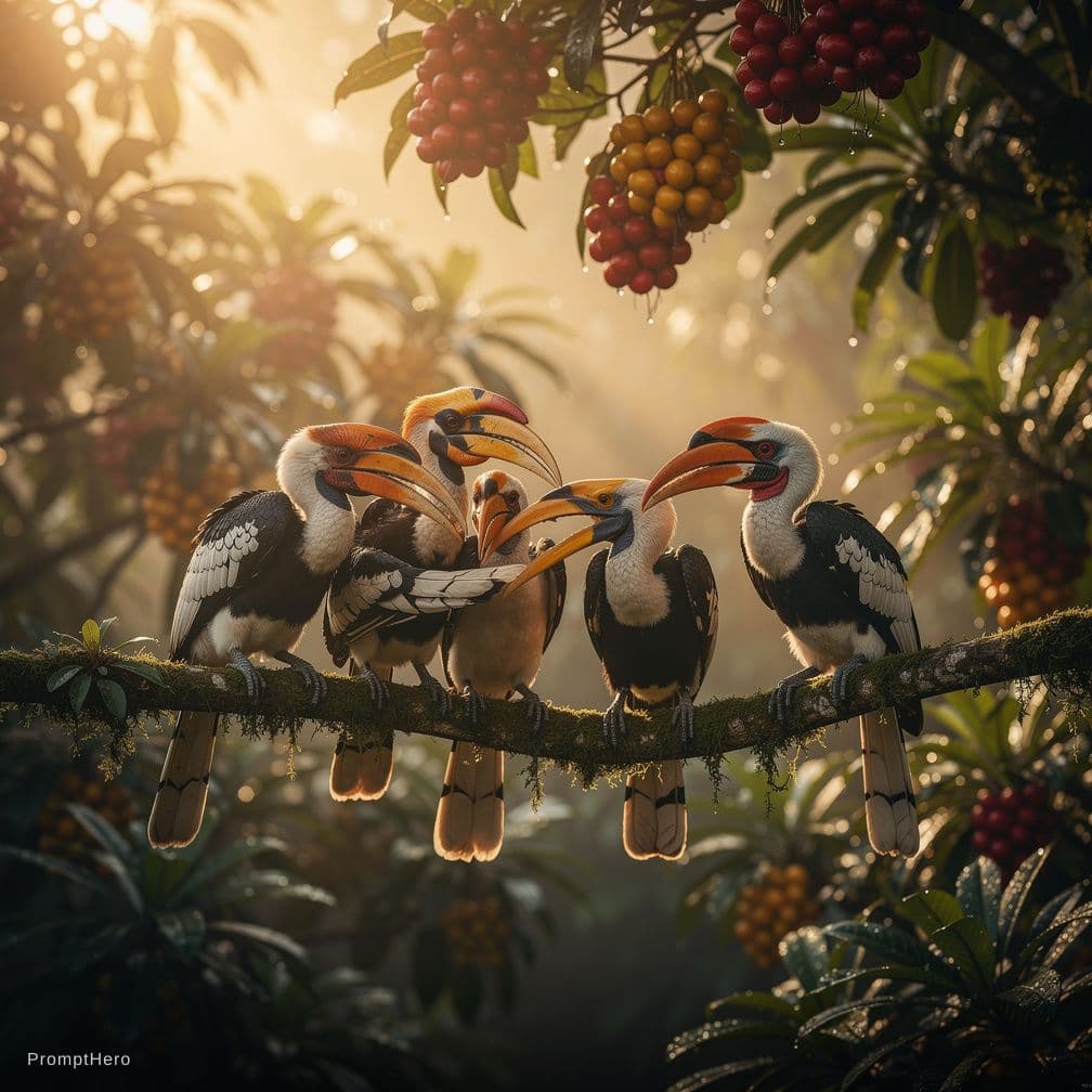 AI generated: hornbills perching early in the morning near fruit trees, groomed and tended to each other in an alm...