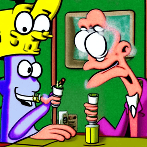 AI generated: Squidward smoking a joint in the krusty krab with Mr krabs and SpongeBob and Patrick playing solitai...