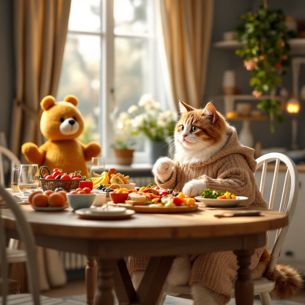 AI generated: In the bright Nordic decorated home living room scene, a real adult anthropomorphic cat wearing home...
