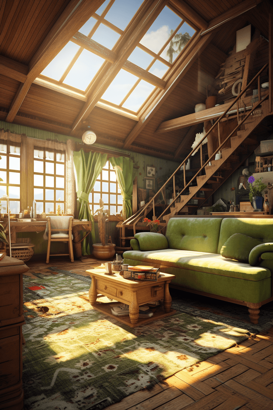 AI generated: a cozy design Cottage-style wooden building,green & cream rustic color on interior walls, living roo...