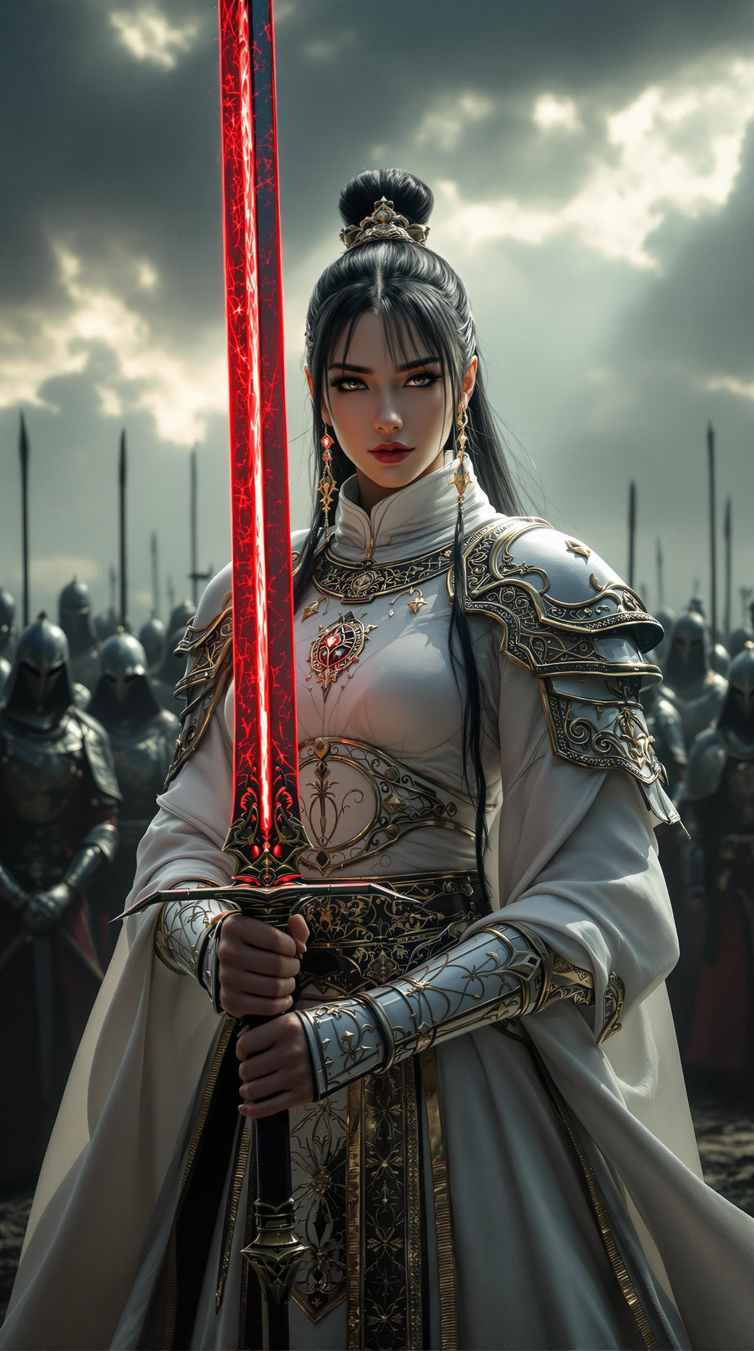 AI generated: Female oriental knight in full armour, white with gold embellishments, bangs, earrings, holding a le...