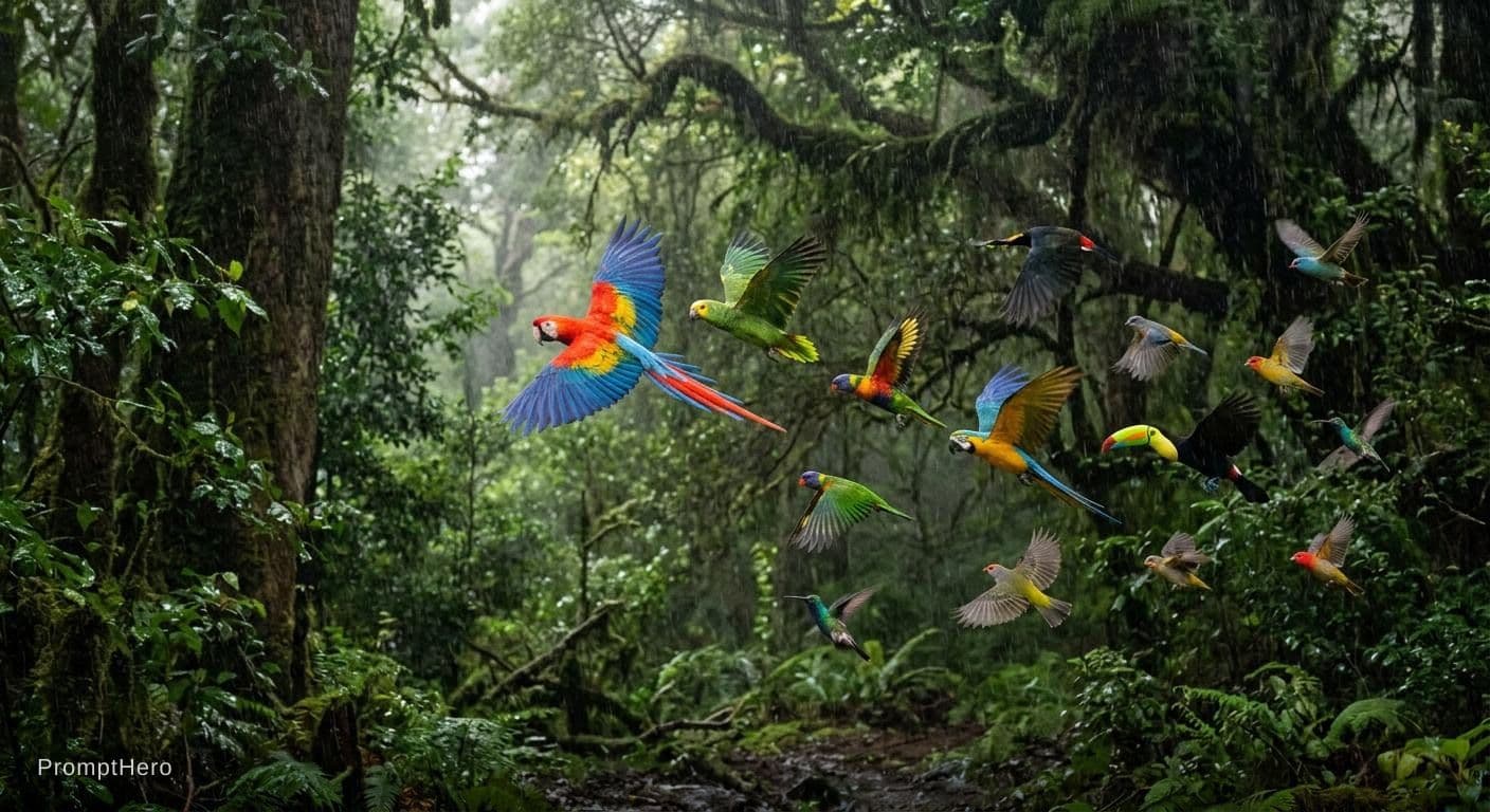 AI generated: A rainy forest with flying colourful birds