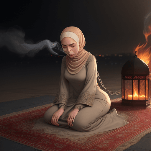 AI generated: a young woman wearing a hijab wearing a beige Muslim dress, crying, falling on her knees on a prayer...