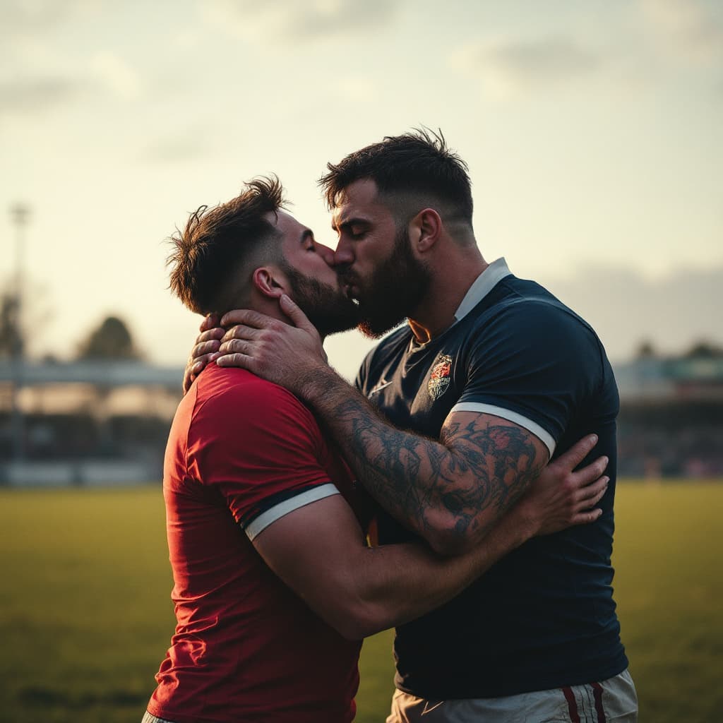 AI generated: two rugby men kissing on a rugby field
