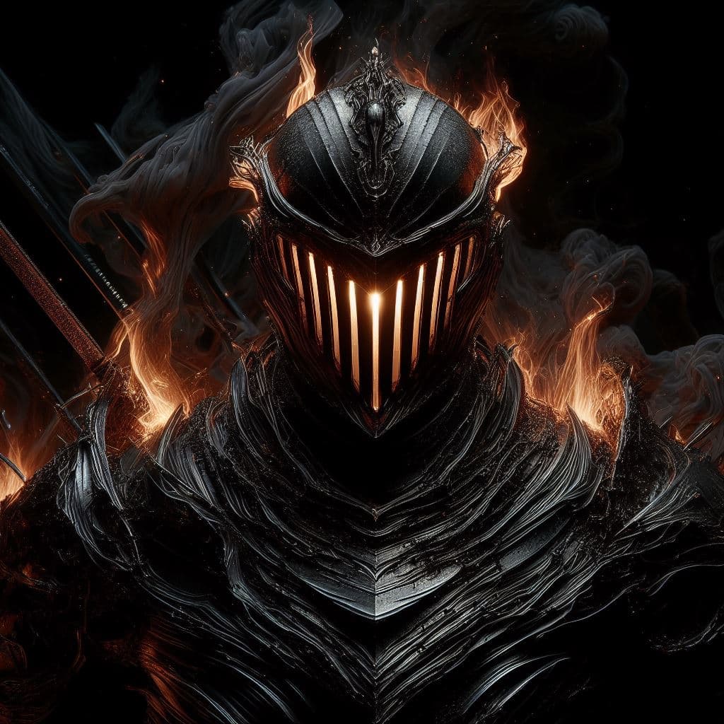 AI generated: Living darkness warrior, smoldering obsidian armor perfectly smooth reflecting the slightest ray. Be...