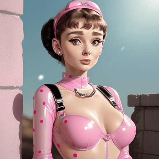 AI generated: Erotic young Audrey Hepburn in pastel-colored latex,Cut-out chain, one plump breast exposed, harness...