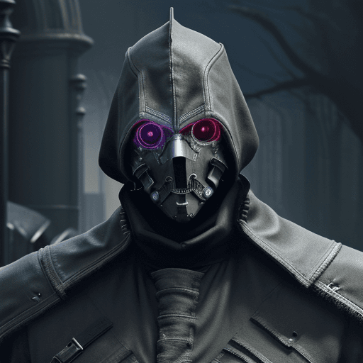 AI generated: cyber punk robot, dark soul blood borne boss, face hidden, RTX technology, high resolution, light sc...