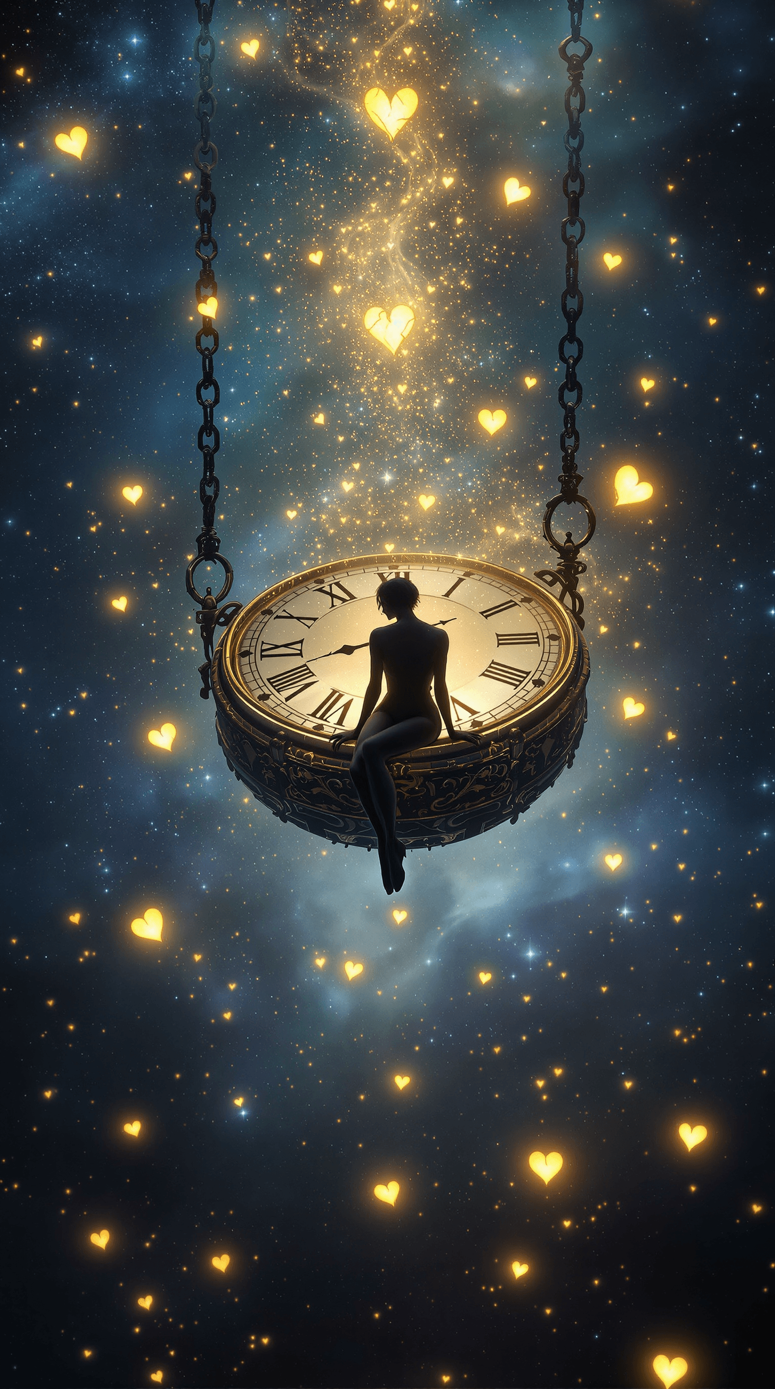 AI generated: a melancholic and surreal scene of a heartbroken figure sitting alone on an antique clock face, susp...