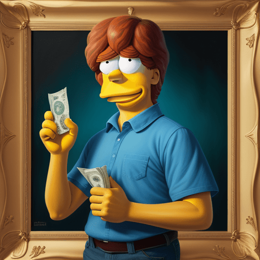 AI generated: Javier Milei as Homer Simpson, with dollars in his hand,
Disney hiperrealistic, 
paint, brushes 
