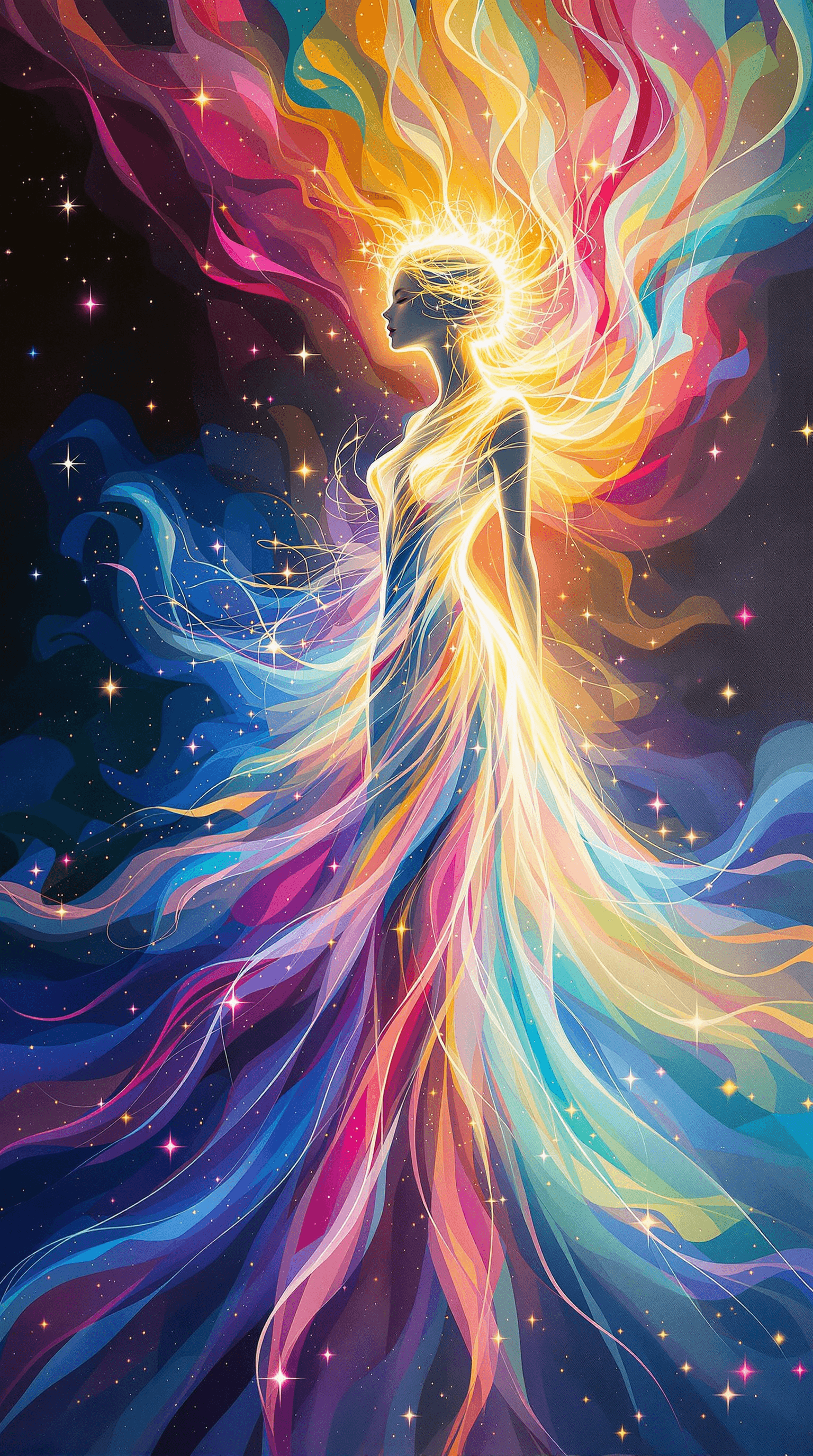 AI generated: A captivating acrylic painting of an abstract female figure adorned in a breathtaking dress, crafted...