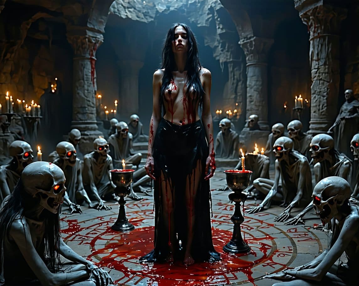 AI generated: A tall, seductive woman standing barefoot in the center of a ritual chamber deep underground, her so...