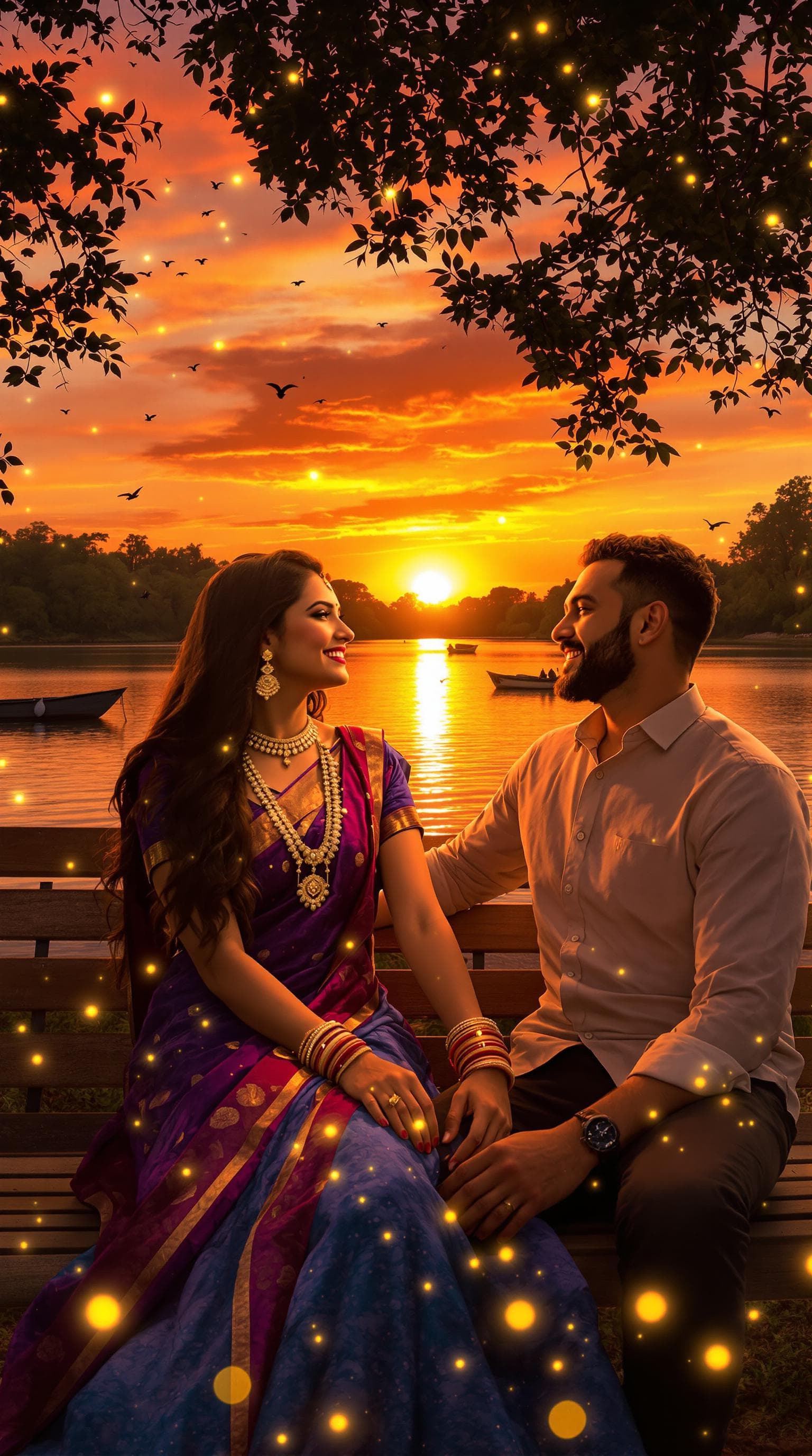 AI generated: IMG_7678.jpg Create a highly realistic photograph of a couple sitting on a wooden bench by a calm la...