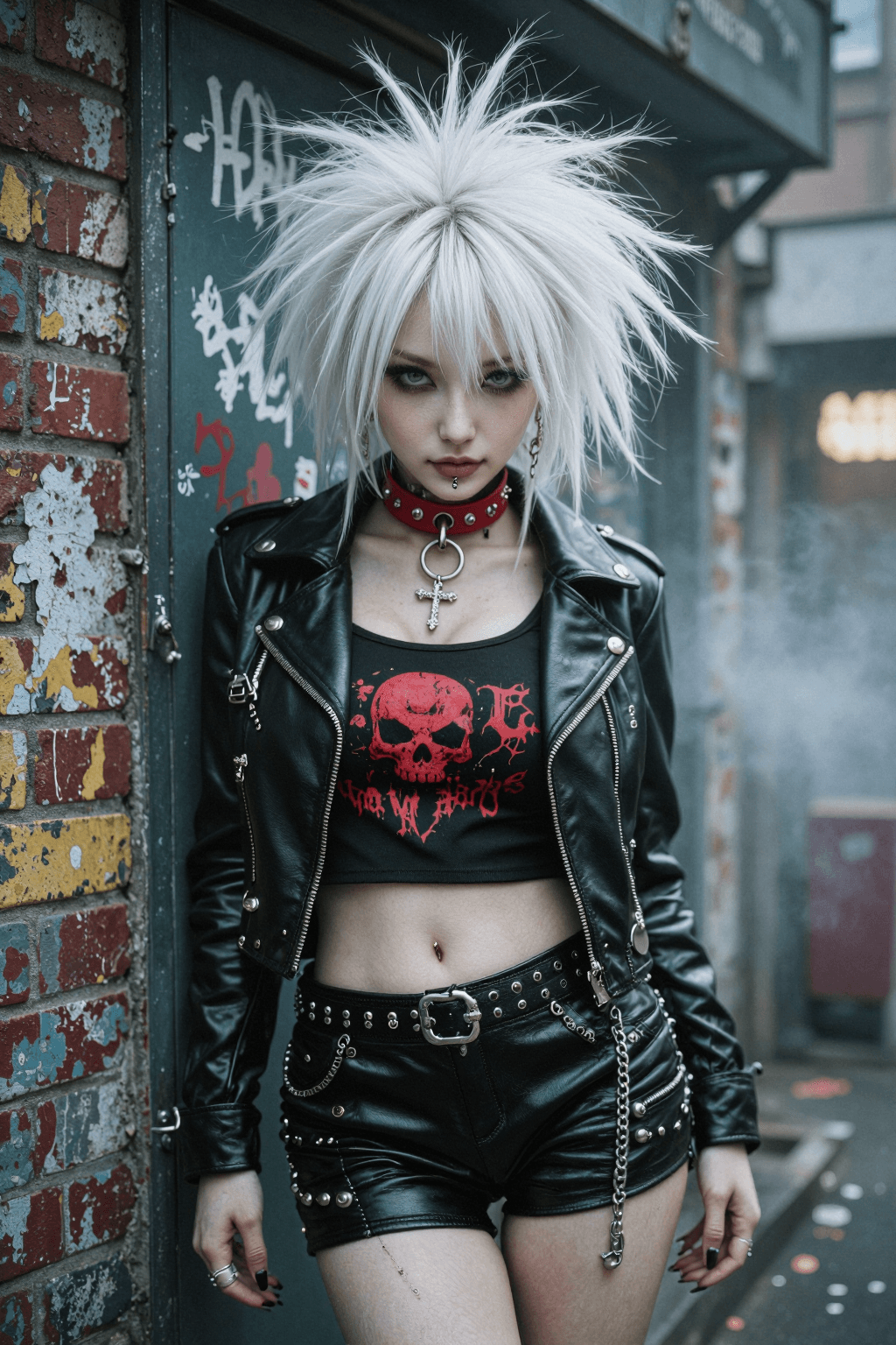 AI generated: This is a striking, medium-full portrait shot of an edgy, punk-inspired female character exuding a f...