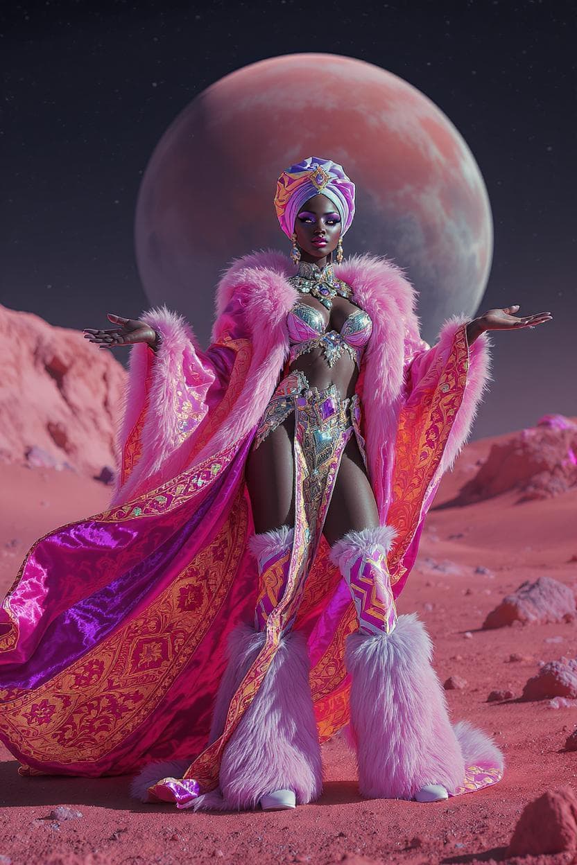 AI generated: Fashion on Mars like Persian style , futuristic , using iranian elements , persian patterns for fabr...