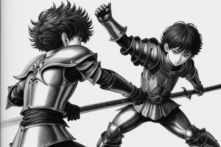 AI generated: monochrome, a little boy, brown hair with tuft, in golden armor, manga, ((without helmet)), in a fig...