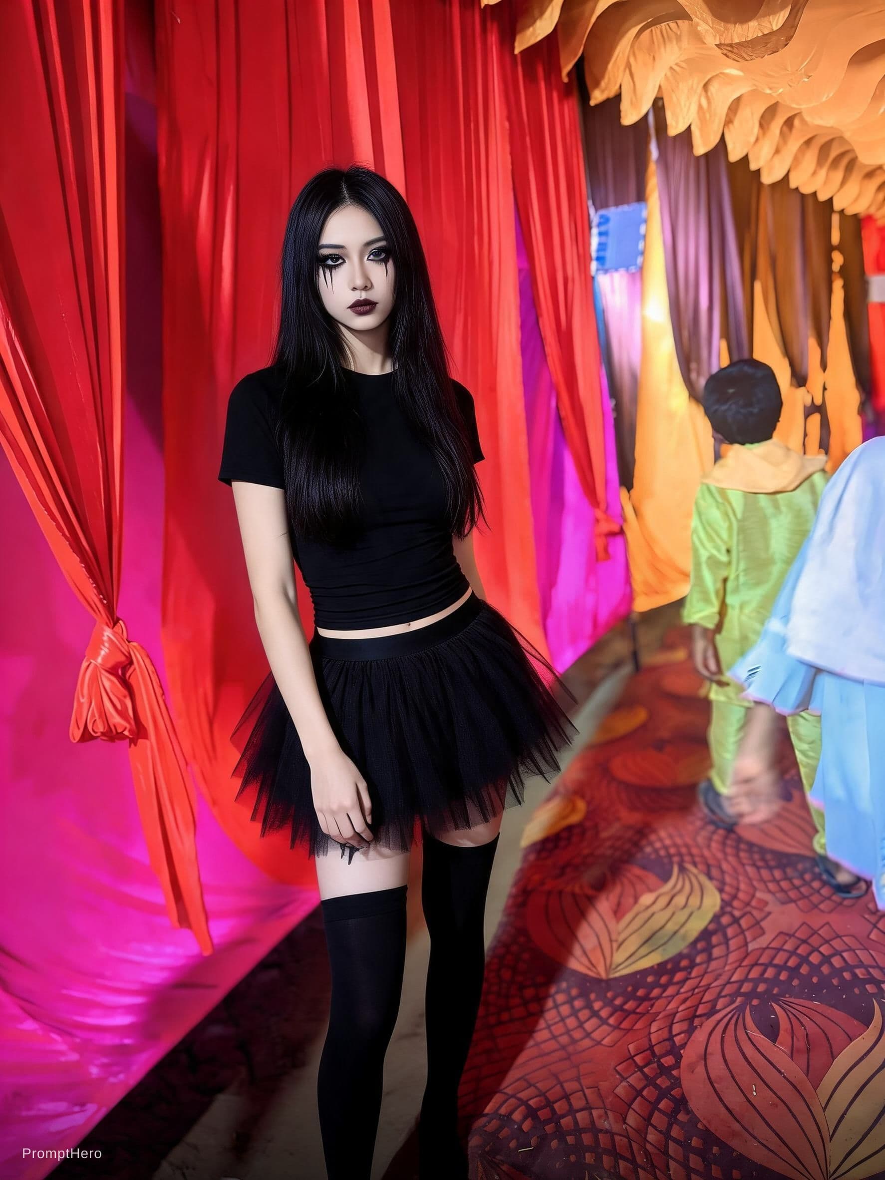 AI generated: asian\maxican goth girl in overnknee socks black ballet skirt, minimalistic crop top