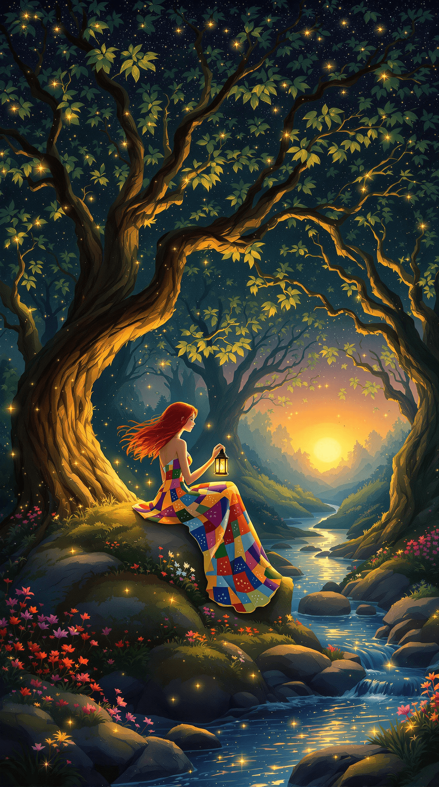 AI generated: A whimsical forest scene at twilight, illuminated by glowing fireflies. In the center, a woman with ...
