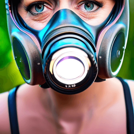 AI generated: hyper realistic headshot photo of a 40 year old woman, wearing a latex gas mask, a latex suit with l...