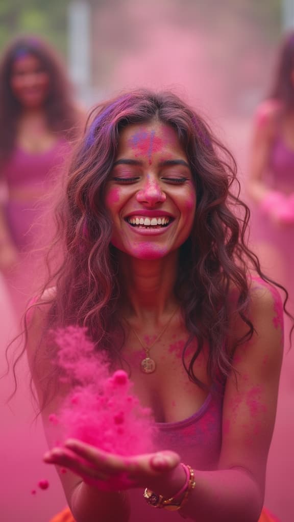 AI generated: portrait photoshoot of a Social media influencer, 20-25 years old, natural pose, indian holi festiva...