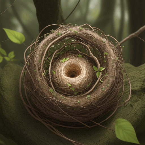 AI generated:  photorealistic image of a bird's nest in the shape of a [PROMPT], nestled in a natural environment....