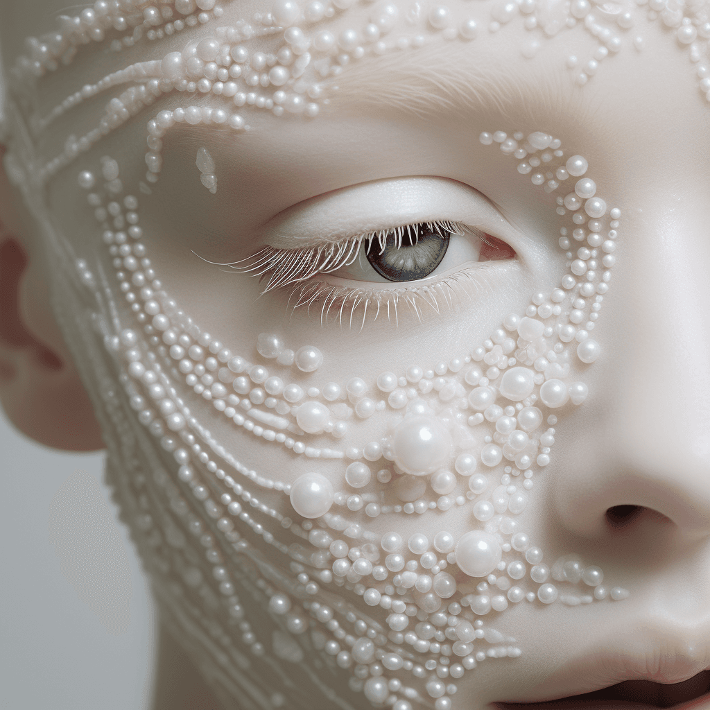 AI generated: **An extreme close up of a pale skinned woman's face, makeup, beauty photography. She has tiny seed ...