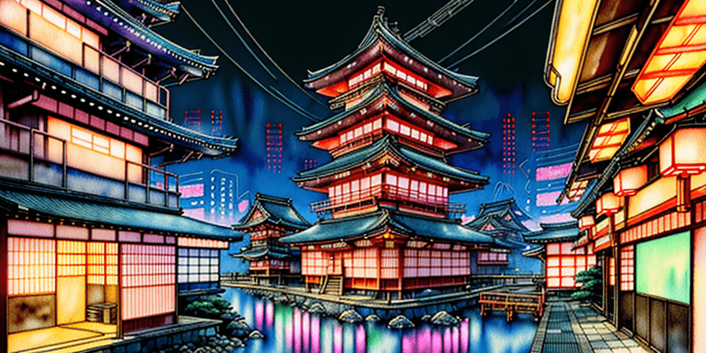 AI generated: anime watercolor style futuristic city in japan with neon lights and traditional japanese architectu...