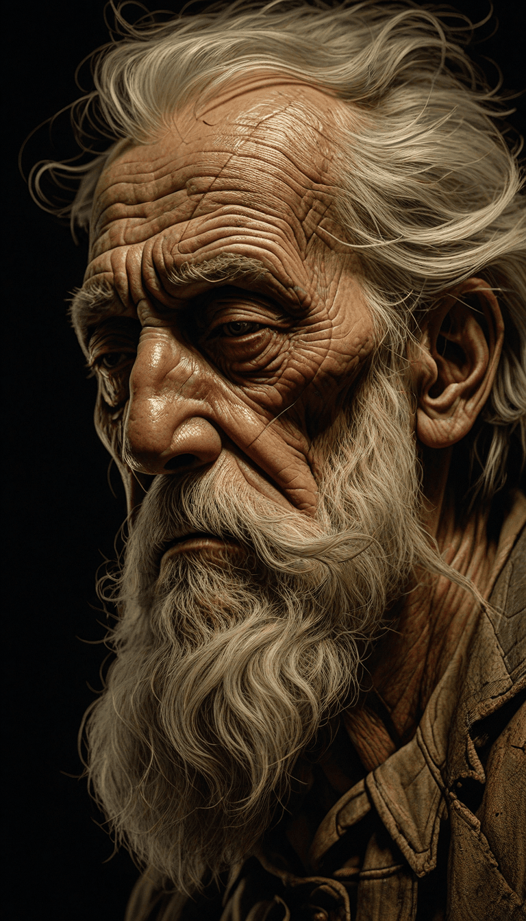 AI generated: An image of a very tired old man, black background settings, highly details  The facial expression r...