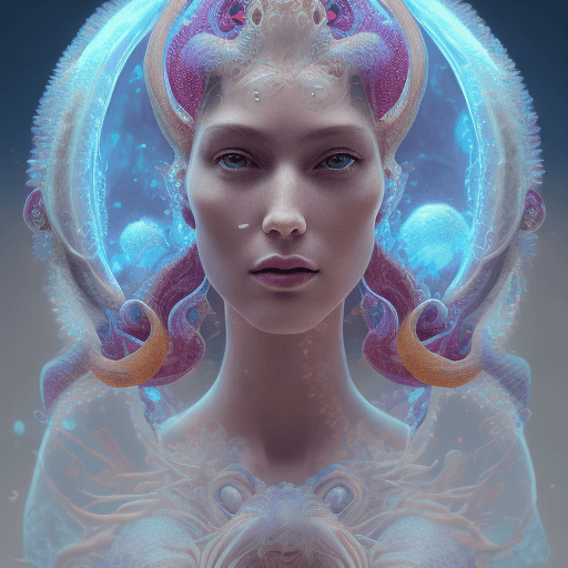 AI generated: Goddess close-up portrait ribcagel. jellyfish phoenix head, nautilus, orchid, skull, betta fish, bio...