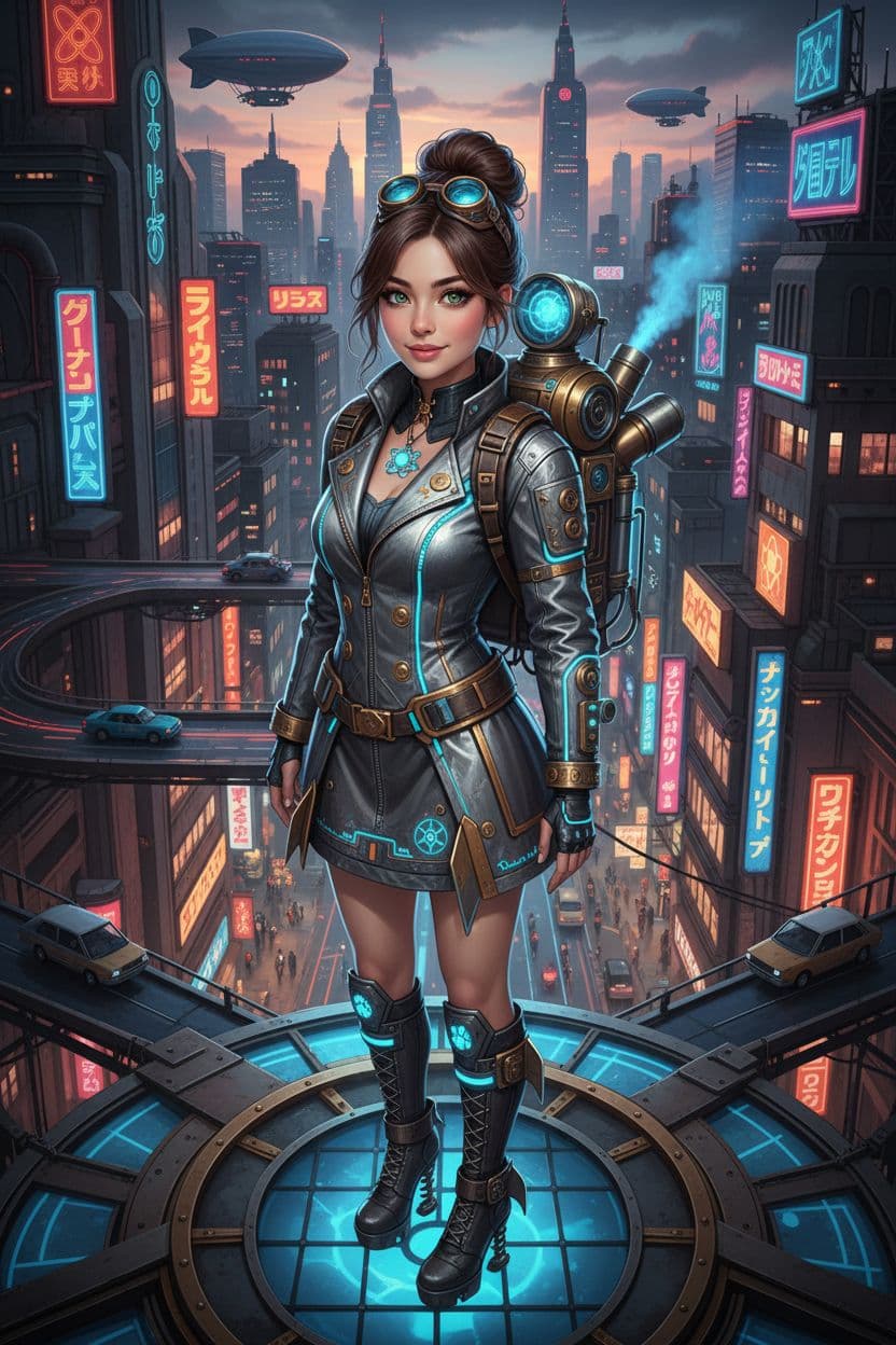 AI generated: A 30-year-old Japanese beauty.Atompunk,Whole body image, High Angle Shot, cinematic shot, Center the...