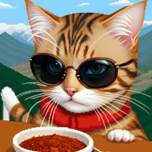 AI generated: cat loves chili, on mountain, cat wearing sunglasses, cat has mouth open (((facing viewer))), 64 bit...