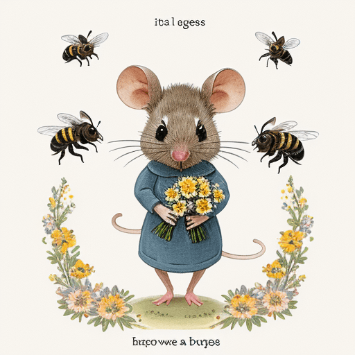 AI generated: Illustration of a little mouse, holding a bouquet of flowers, with bees around her