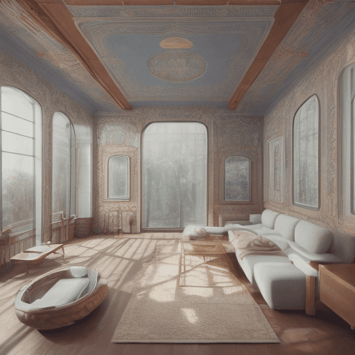 AI generated: High resolution photography interior design, dreamy sunken living room conversation pit, wooden floo...