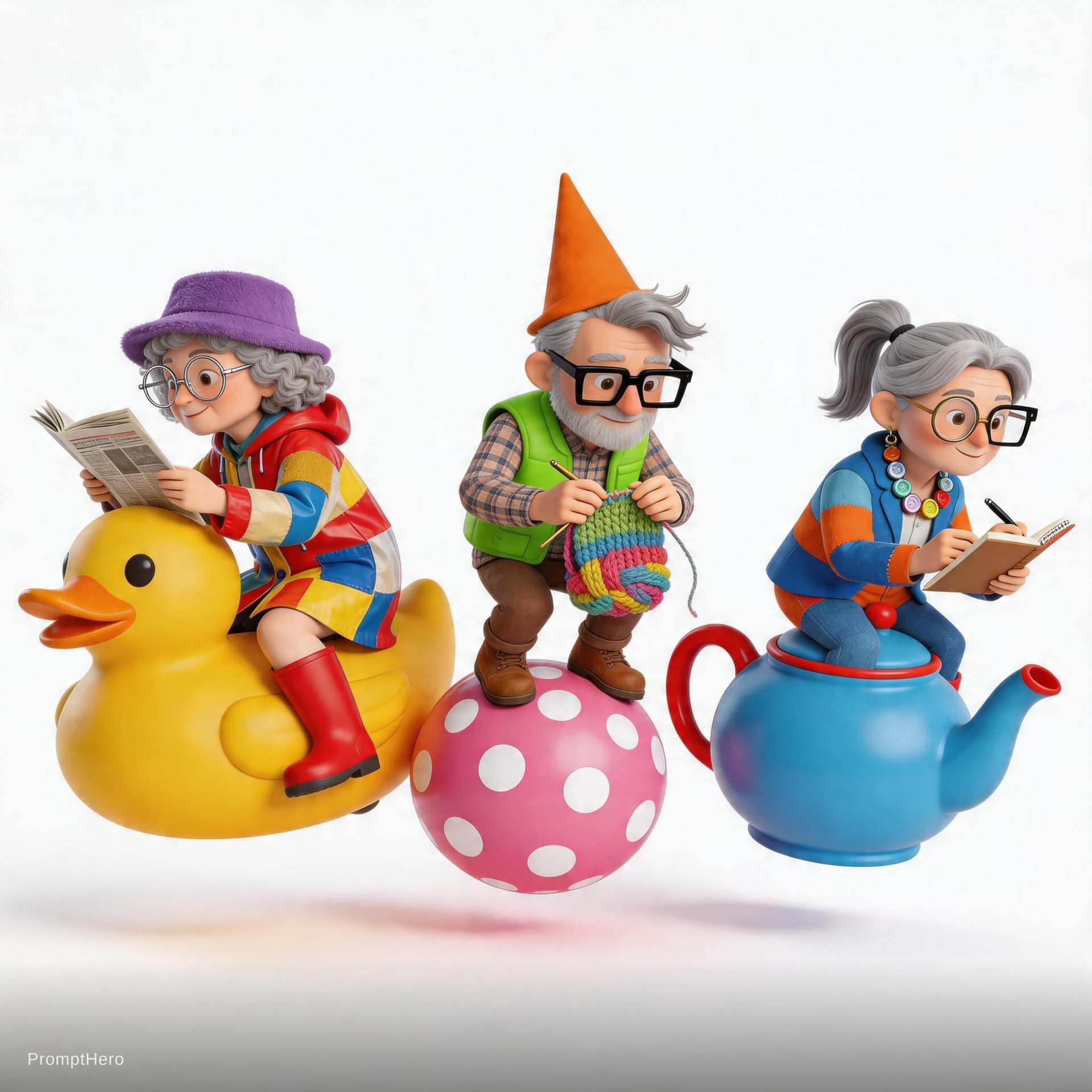 AI generated: A series of images of eccentric grandparents sitting on unexpected objects that are larger than life...