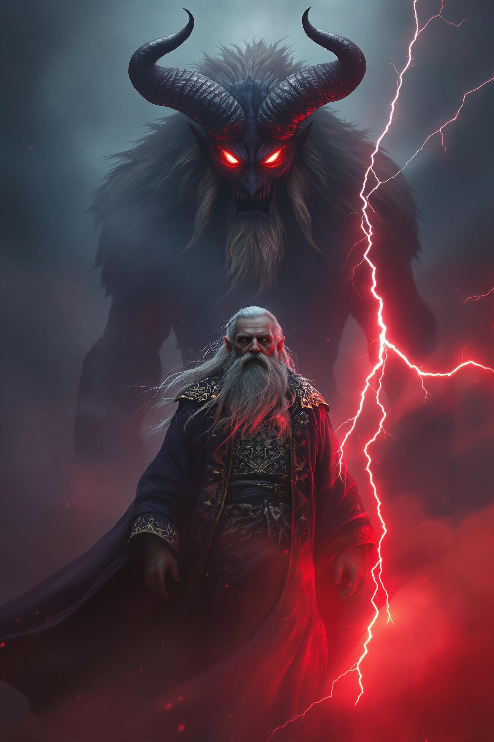 AI generated: An old elf druid stands in a thick fog illuminated by eerie red lightning. The elf is dressed in a t...