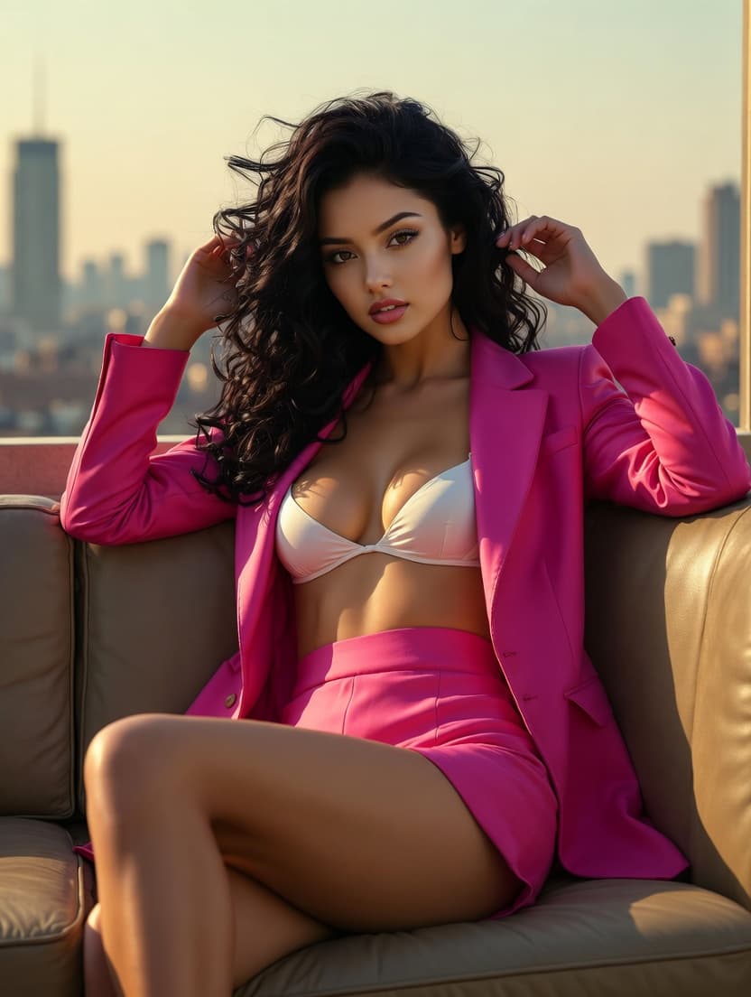 AI generated: A masterpiece oil painting of a confident woman lounging on a rooftop sofa with a soft city skyline ...